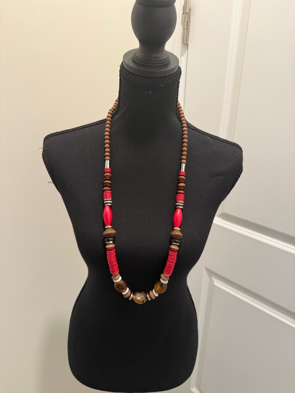 Chico's Brown and Red Beaded Long Necklace NWT